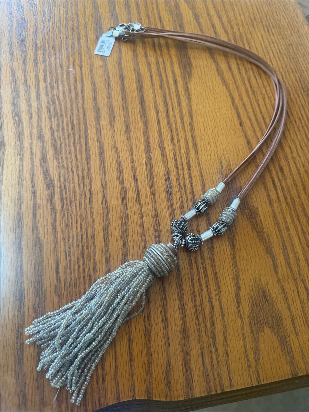 Chico's Champagne Beaded Tassel Necklace with Brown Cord